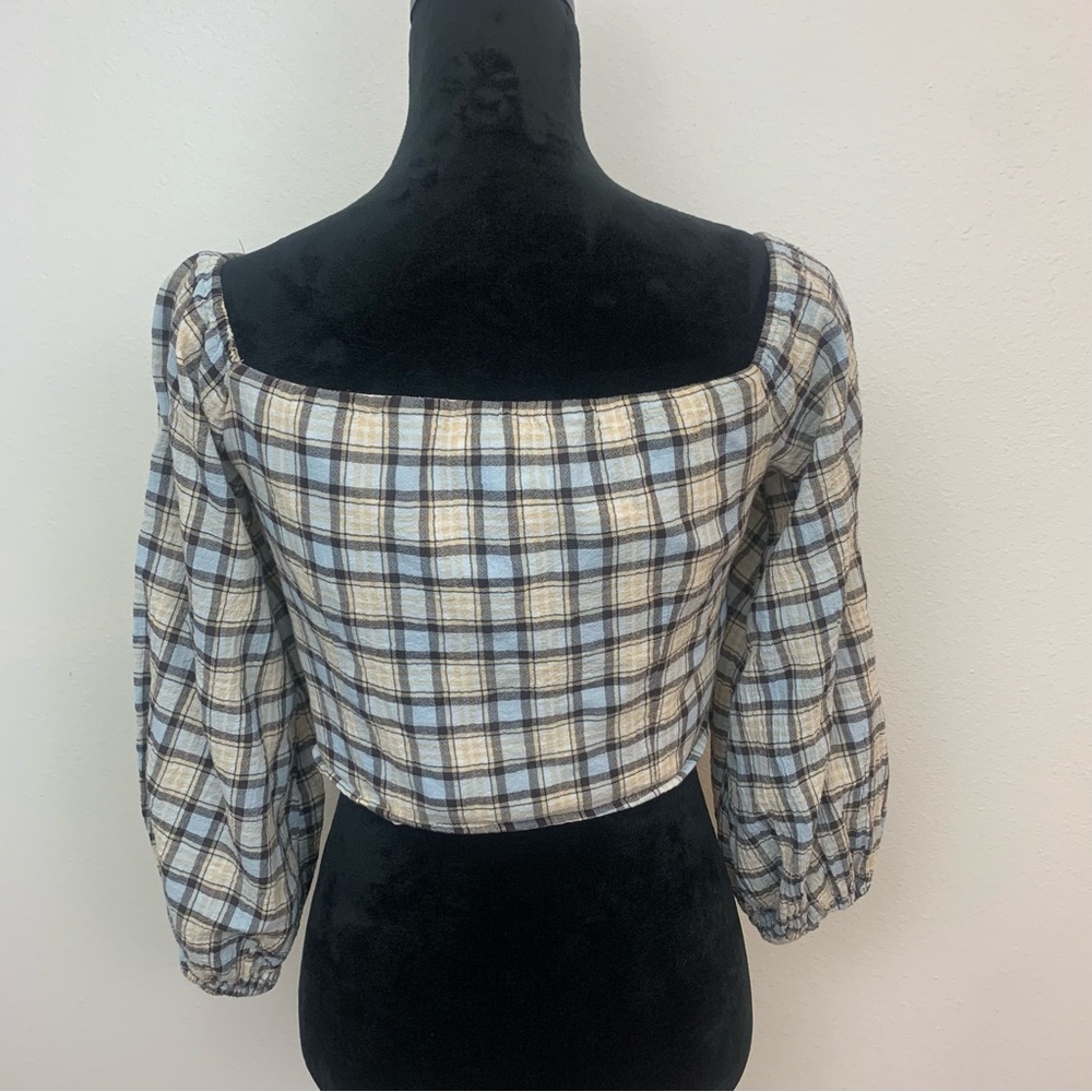 Zara Women's M Blue Cream Plaid Ruched Chic Cottagecore 3/4 Sleeve Blouse - Picture 5 of 10